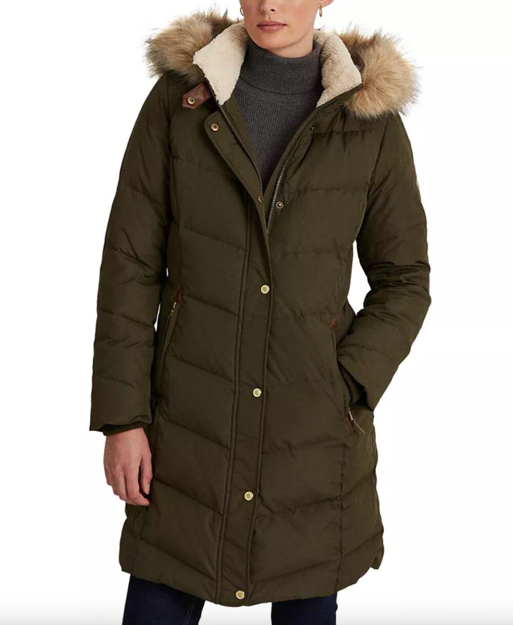 Ralph Lauren Women's Olive Green Long Puffer Coat Fur Hood Medium Down Filled